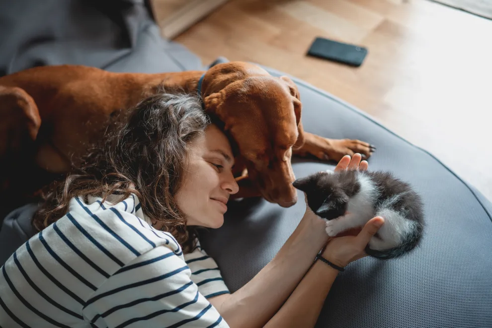 A pet owner relaxing at home with their dog